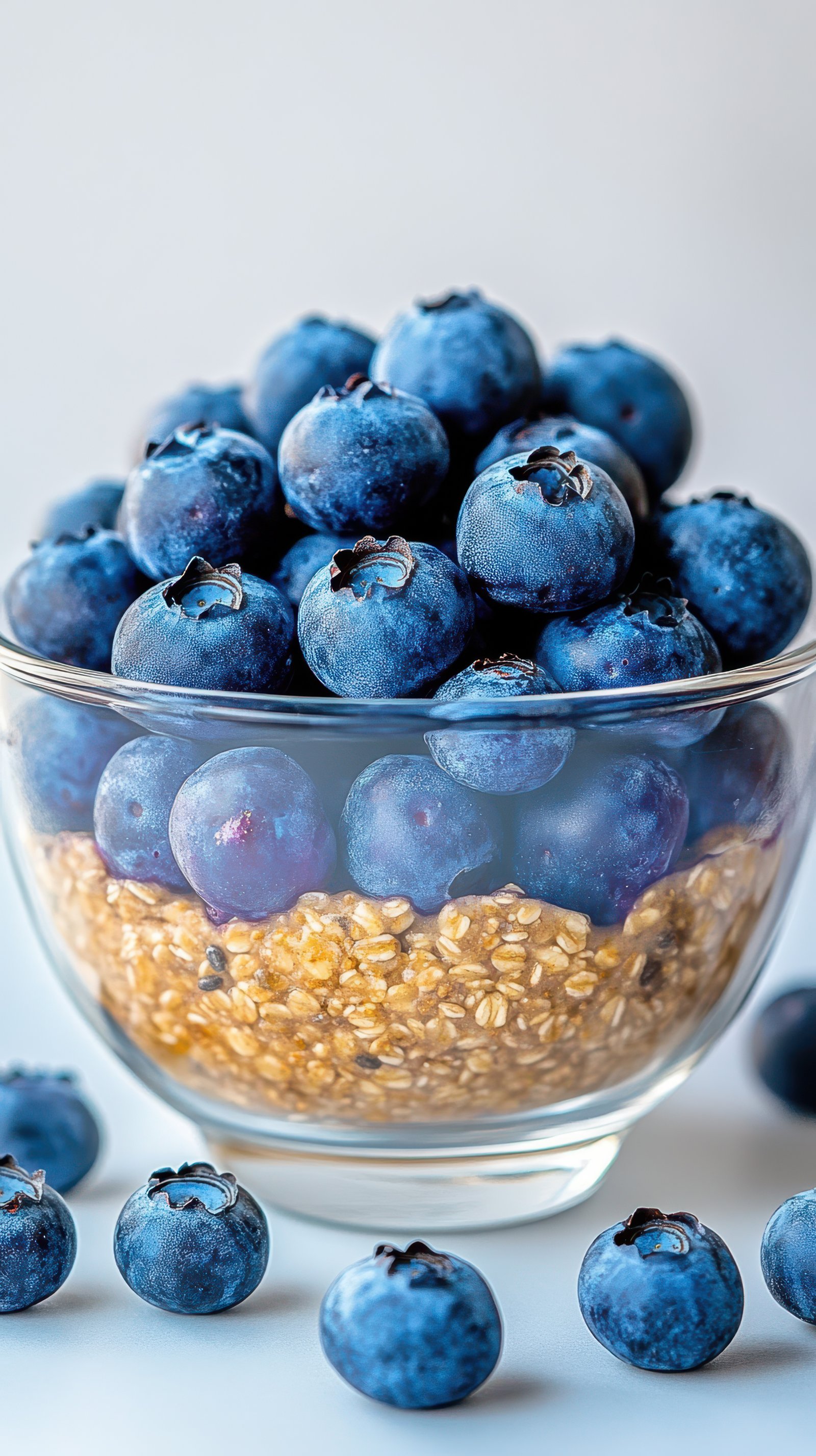 Blueberries piled on top of oatmeal in a clear glass bowl highlight healthy breakfast options and refreshing flavors